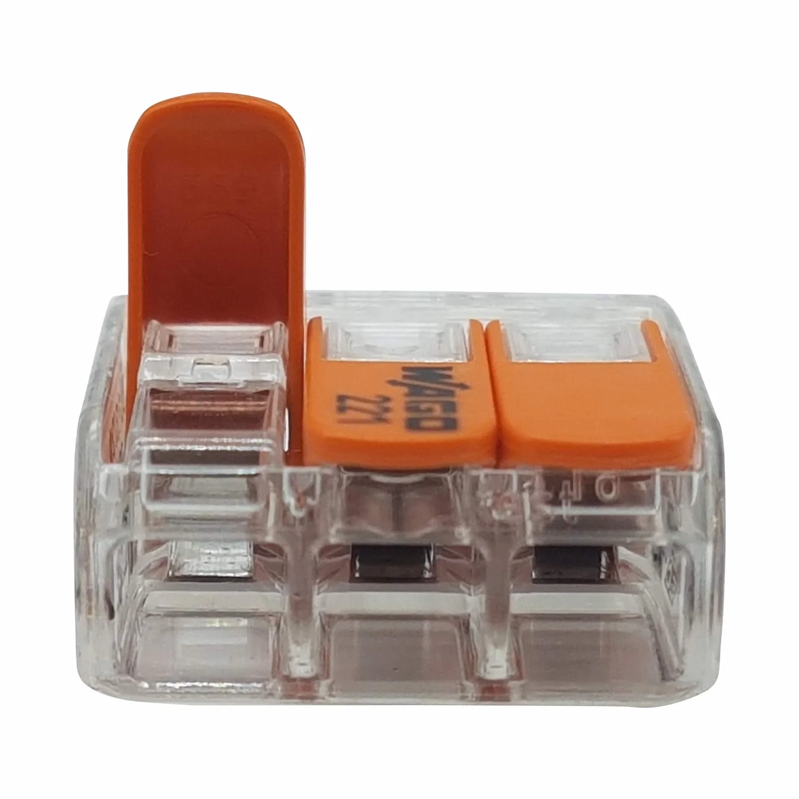 WAGO Terminale plug in 3 vie con cavo per rigid (0,2 – 4 mm²) e cavi flessibili (0,14 – 4 mm²) per aprire again, trasparente/arancione, contenuti: 50 pezzi