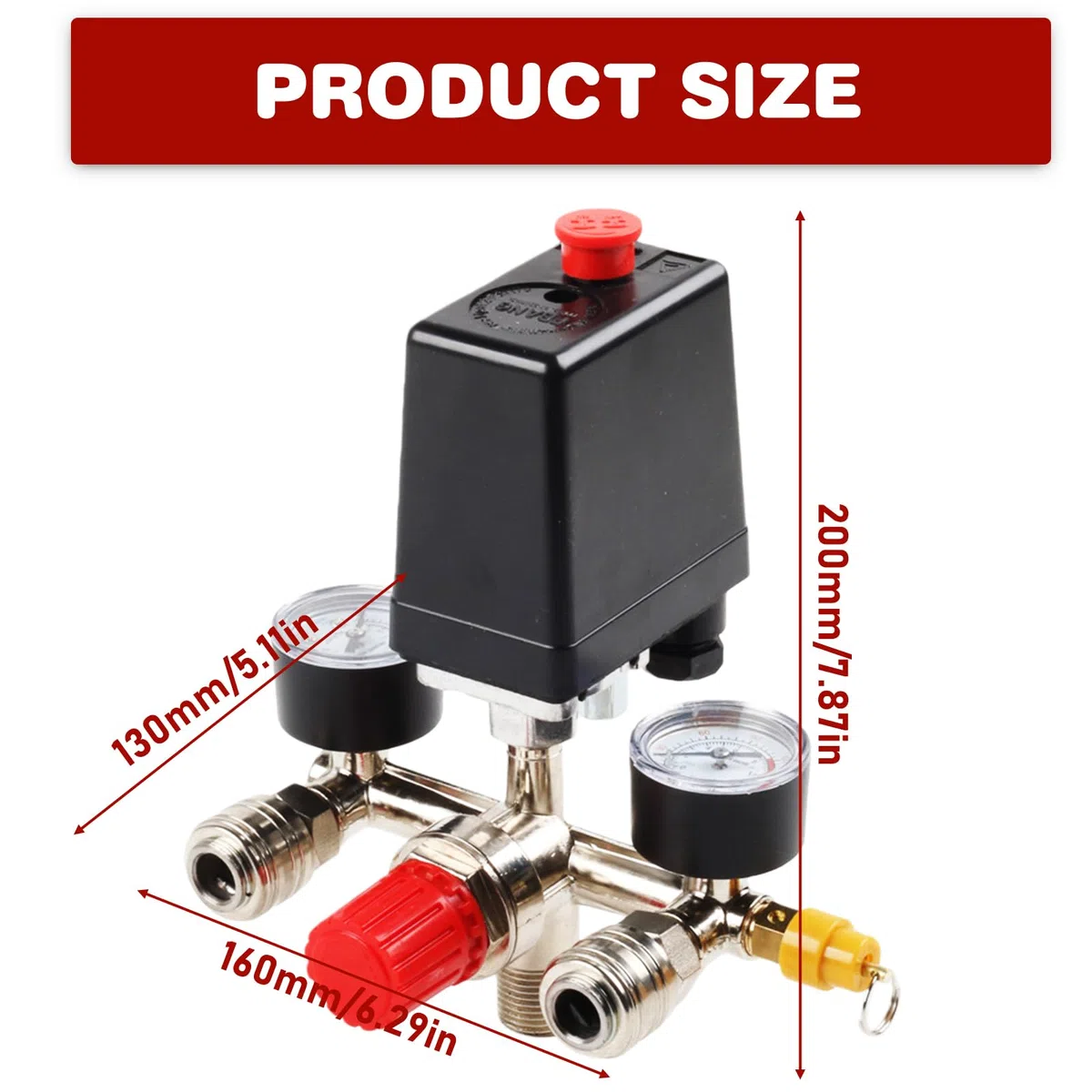 Regolatore di pressione Compressore 220V con pressostato, 2 manometri, valvola di sicurezza e 2 giunti, compressore d'aria riduttore di pressione con filettatura esterna da 1/2', pezzo di ricambio per