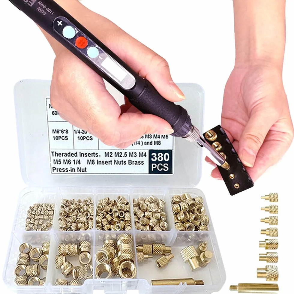 Kit di strumenti di inserimento termico, dadi in ottone, stampa 3D, 60 W, saldatore digitale e 380 pezzi, inserti filettati con punte M2 M2.5 M3 M4 M5 M6 (1/4) M8 per inserti