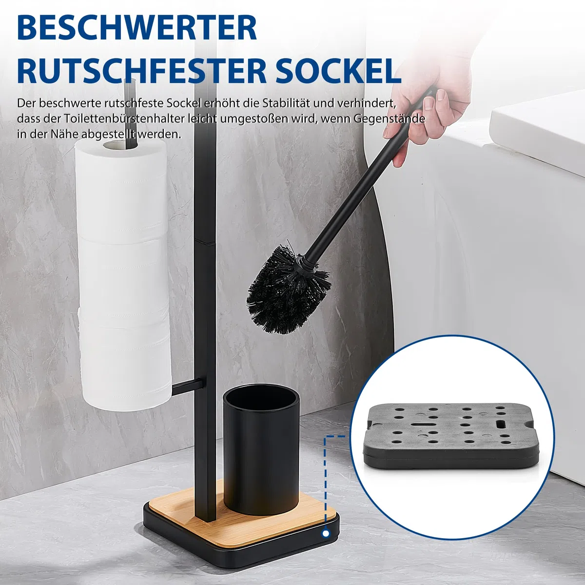 Scopino Bagno WC con Porta Carta Igienica da Terra Piantana Portarotolo e Scopino Per 4 Rotoli Scorta, Legno Nero, Circolare