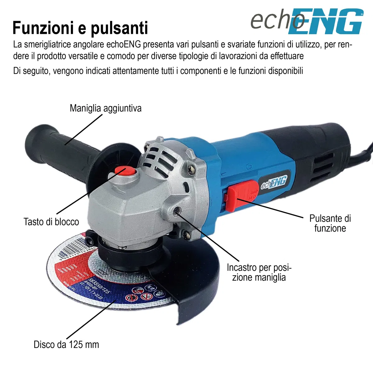 ENG PRO Smerigliatrice Angolare Elettrica con Disco da 125 mm potenza 800 WATT Impugnatura aggiuntiva, professionale, velocità 11000 r.p.m - UM ET SA12