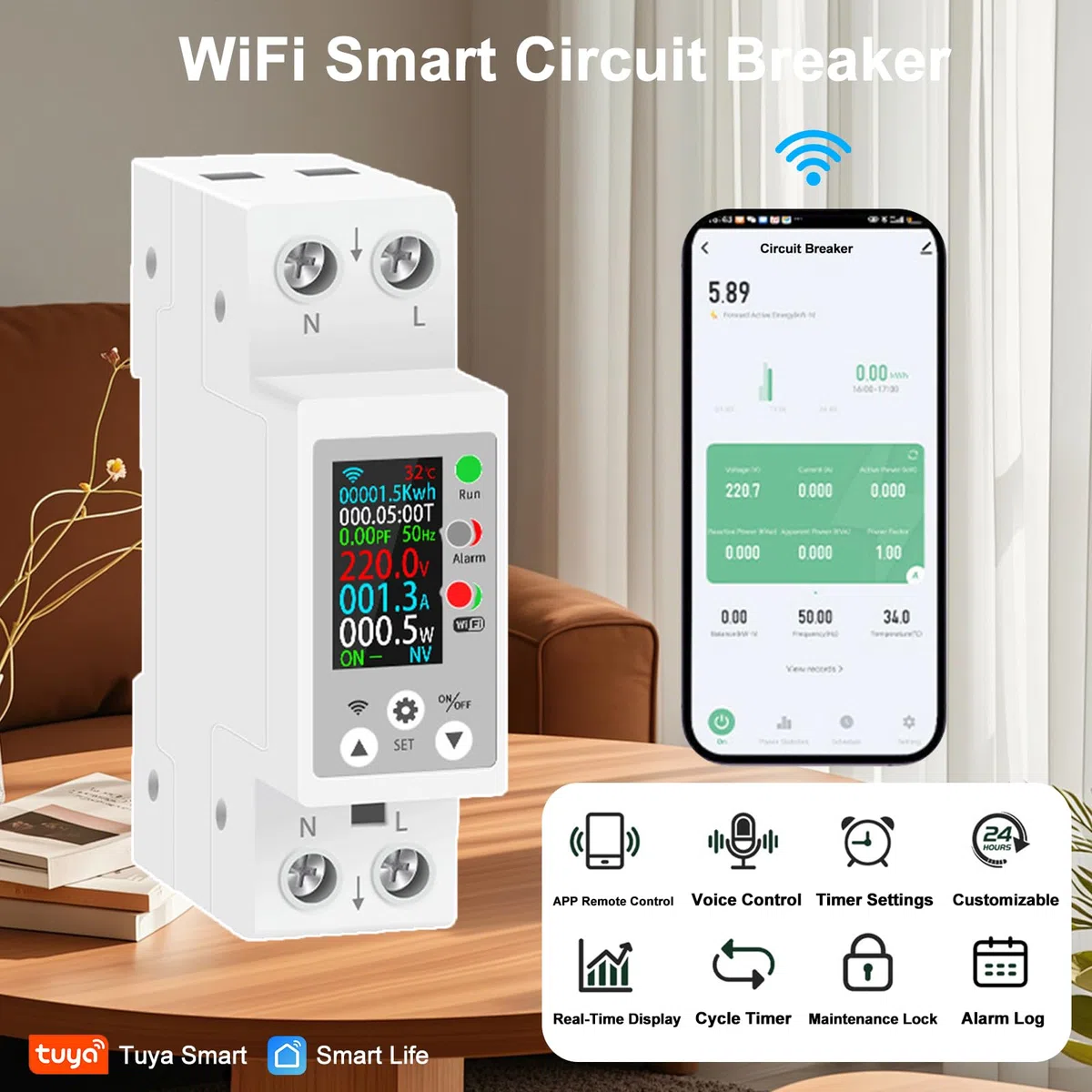 Contatore Energia Elettrica Wifi,8 in 1 Misuratore Consumo Elettrico con Display Digitale Tuya Smart Protezione Da Sovratensione Regolabile Controllo Remoto Tramite APP Comando Vocale