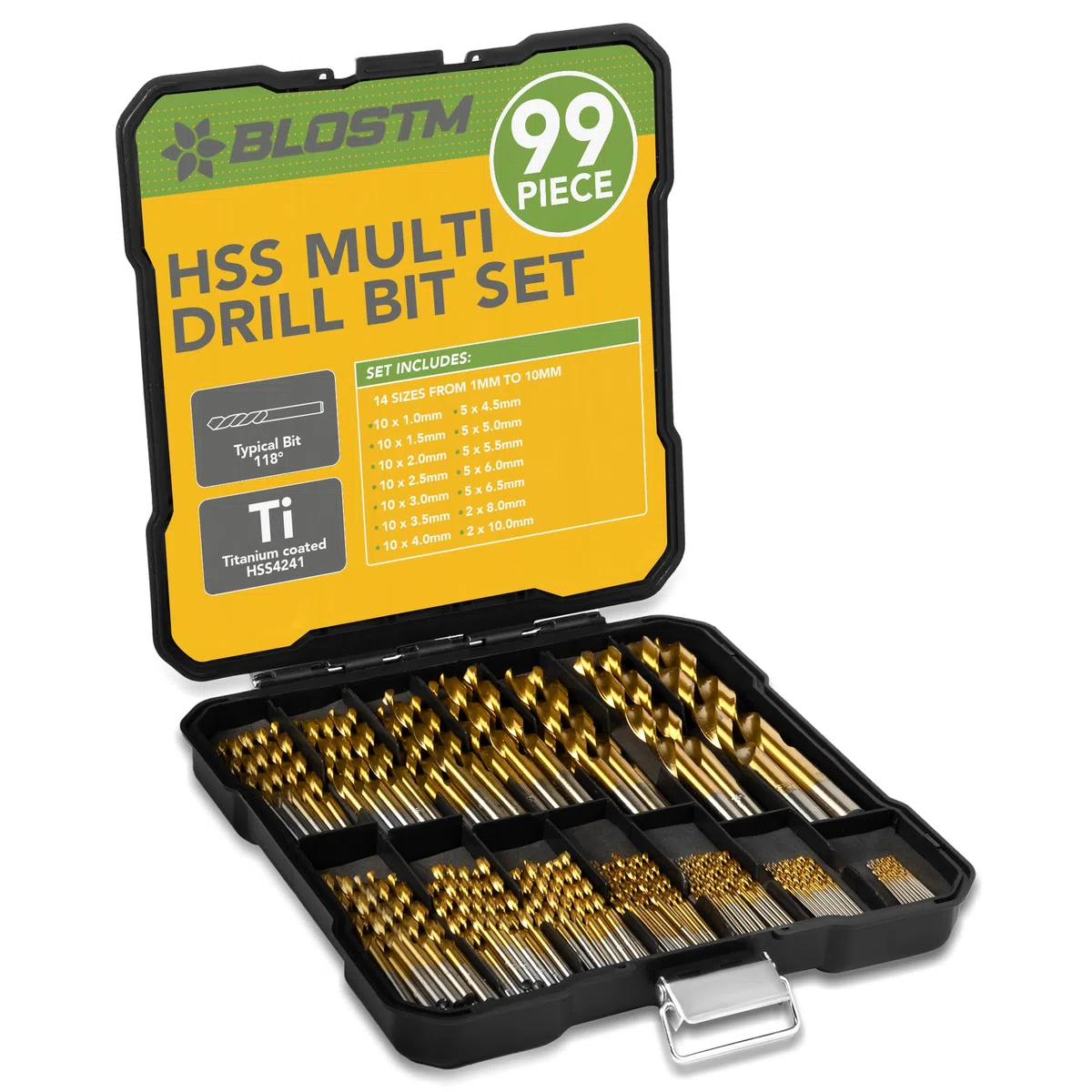 BLOSTM Set Punte Trapano HSS - Punte Trapano Metallo da 99 Pezzi Dimensioni da 1 a 10mm Set Punte Trapano Professionali in Titanio ad Alta Velocità per Metallo, Legno, Plastica in Custodia per Punte