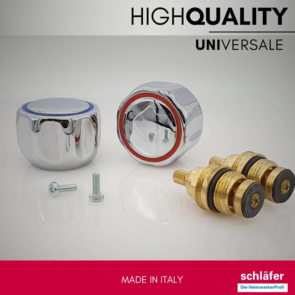 Schläfer 4503010|Kit Manopole per Rubinetto 8x20 con Vitone Meccanico 1/2" (Ø20mm), Manopole Rubinetteria Caldo e Freddo per Lavandino Bagno e Cucina, Coppia Maniglie in Metallo, Finitura Cromata