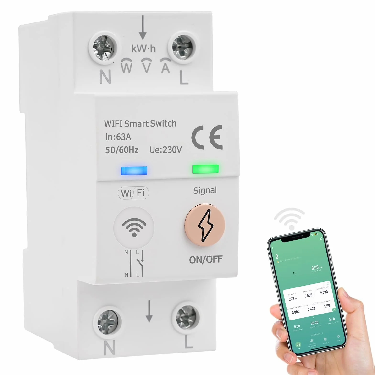 Magnetotermico WiFi Tuya Smart Interruttore Smart WiFi 63A 80-300V AC Interruttore su Guida DIN Controllo Vocale Misurazione Dell'energia Sovratensione Sovracorrente Protezione (Versione inglese)