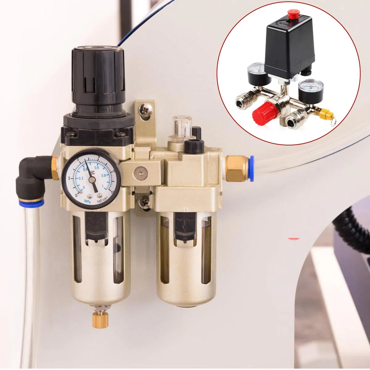 Regolatore di pressione Compressore 220V con pressostato, 2 manometri, valvola di sicurezza e 2 giunti, compressore d'aria riduttore di pressione con filettatura esterna da 1/2', pezzo di ricambio per