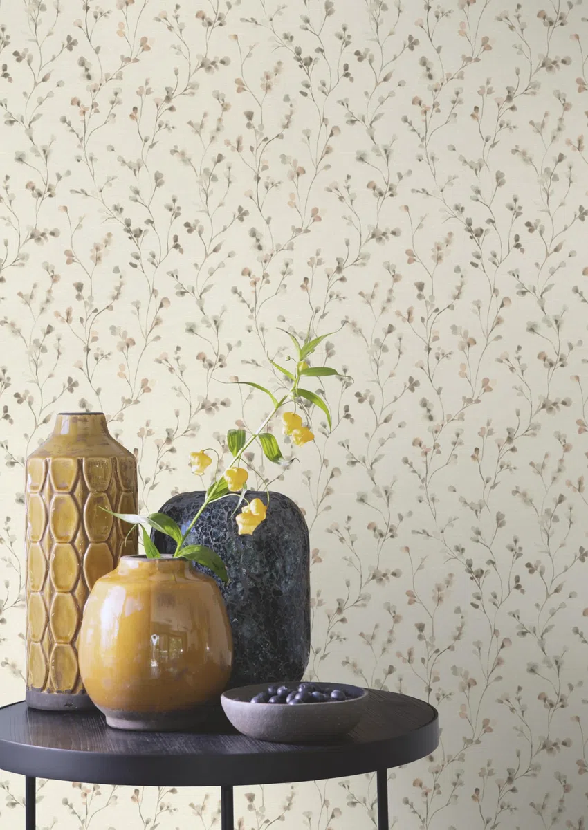 Rasch Carta da parati 486131 – Carta da parati in tessuto non tessuto chiaro con piccoli fiori in beige e tortora effetto acquerello della collezione Country Charme