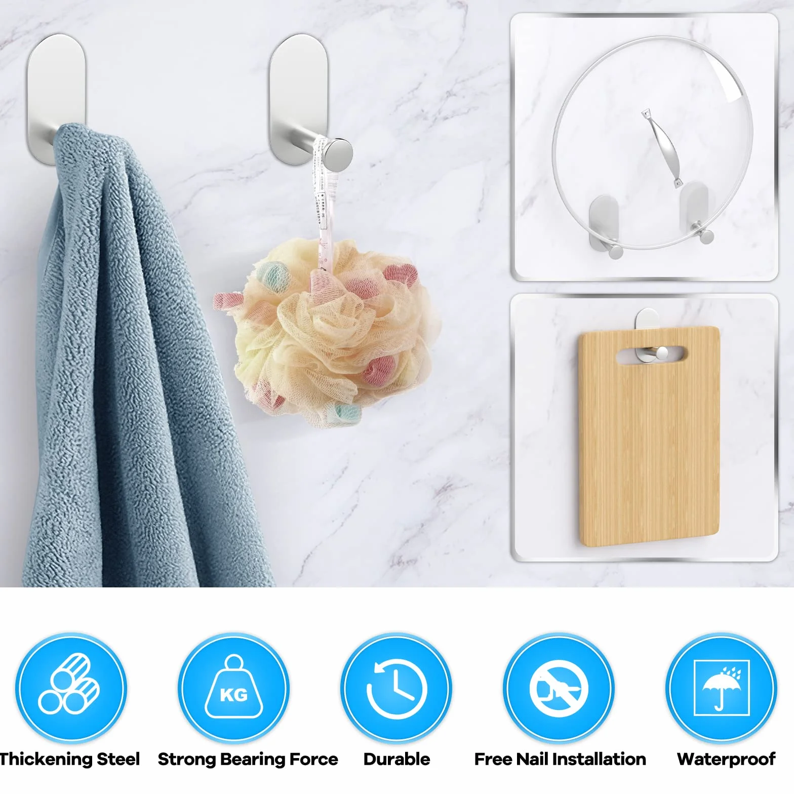 Accessori Bagno Set di 5 - Porta Asciugamani Bagno Adesivo, Porta Carta Igienica, Anello Portasciugamani, Ganci Adesivi, Argento