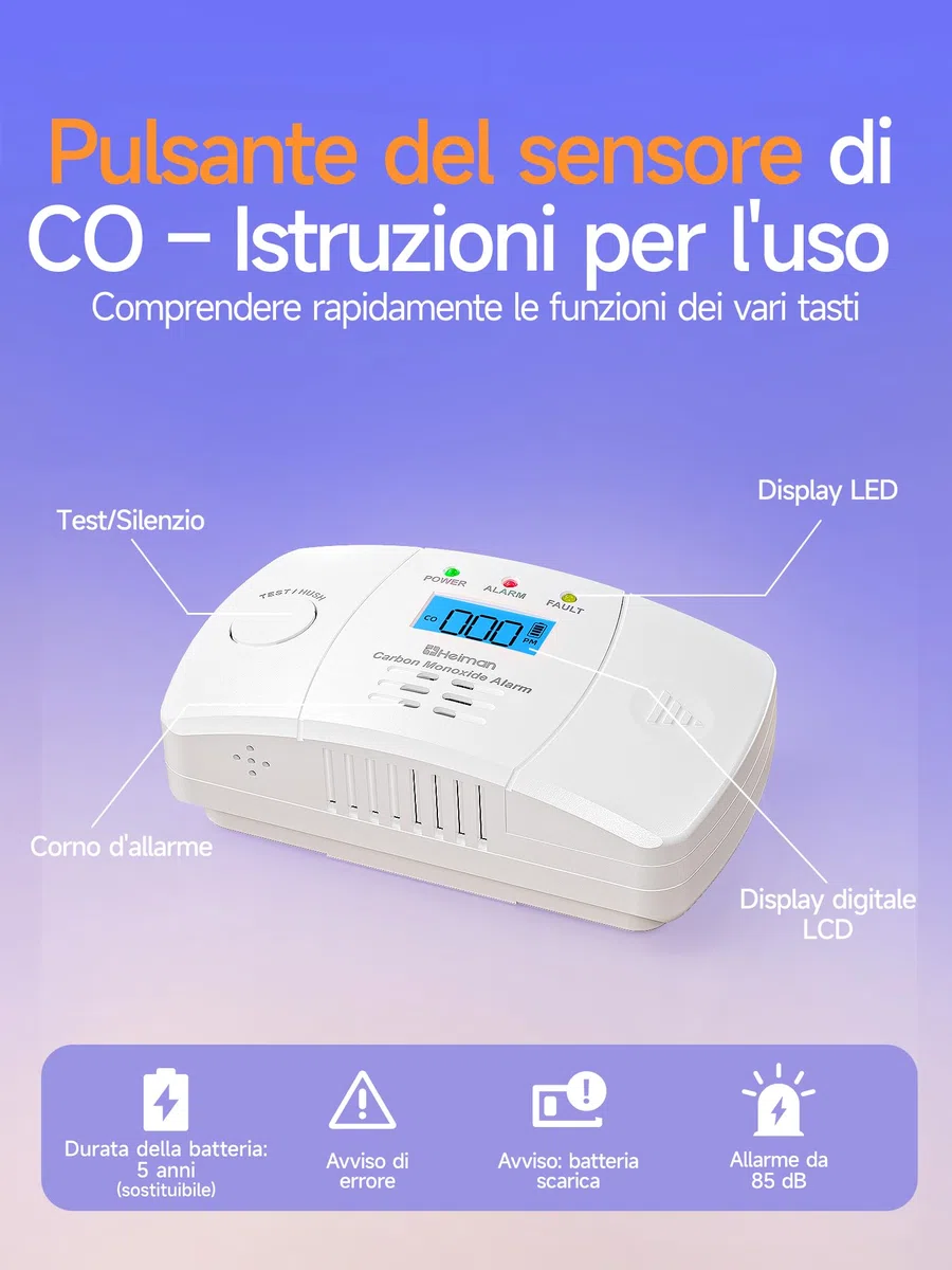 Heiman Rilevatore di Monossido di Carbonio con Display LCD, Sensore Elettrochimico 10 Anni, Allarme 85 dB, Batterie AA Sostituibili 5 Anni, Certificato EN 50291 CE UKCA RoHS – HM-722ESY
