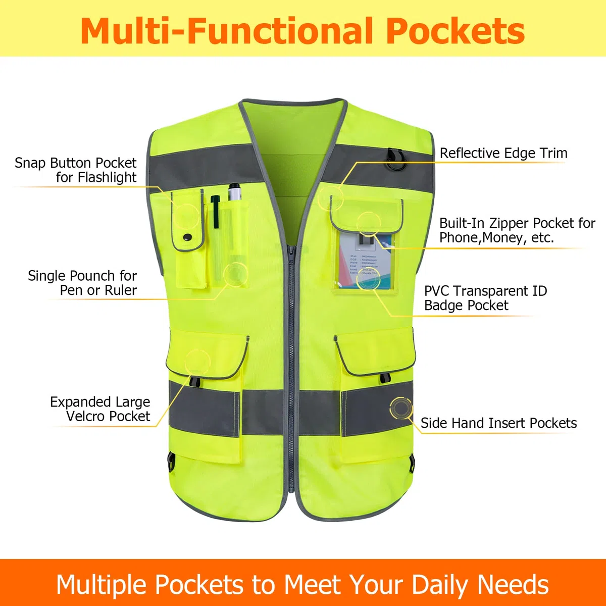 Hi Vis Vests for Men Women 9 Pockets High Visibility Safety Vest.