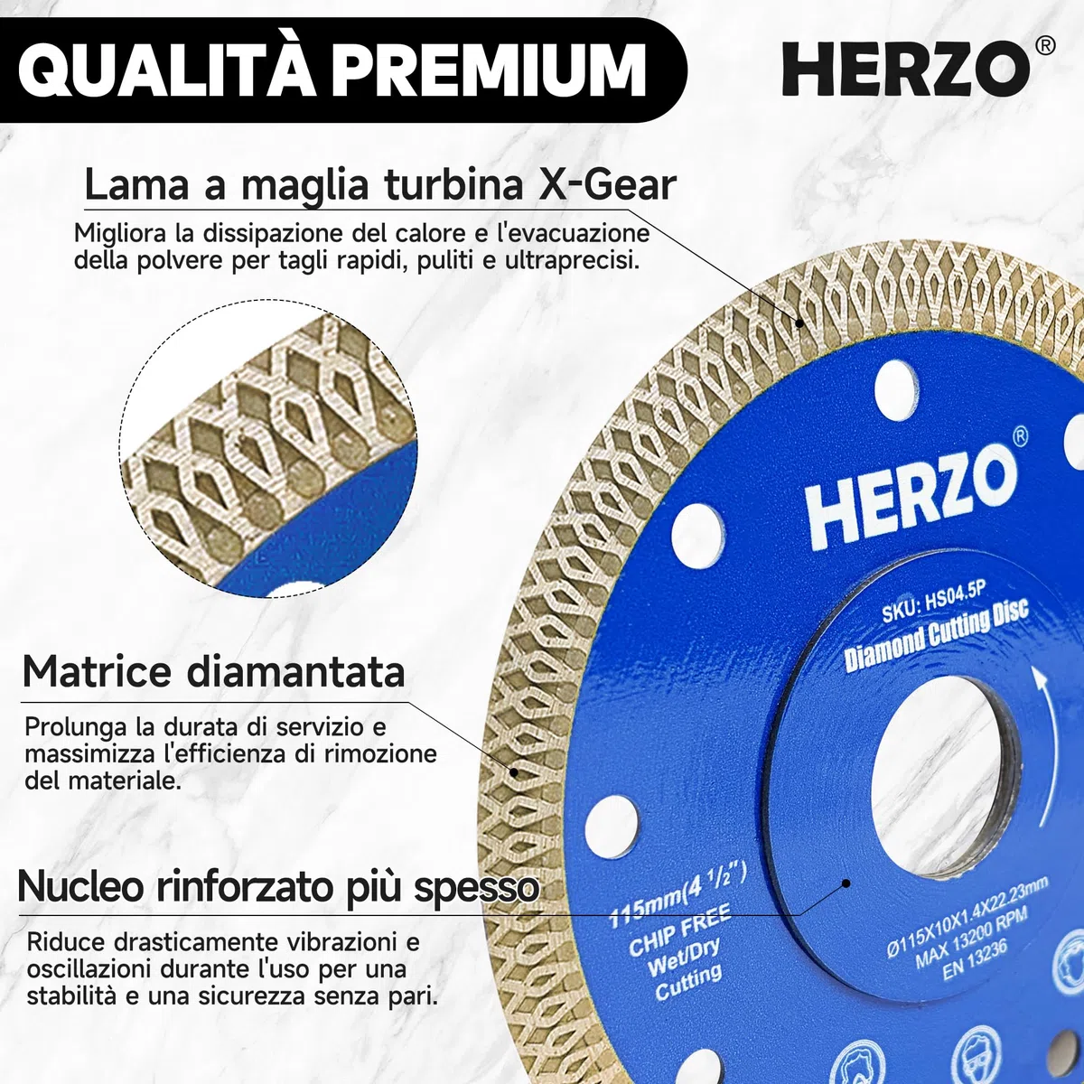 HERZO Set di 3 Dischi Diamantati 115mm x 22,23 mm per Piastrelle - Disco Diamantato 115mm per Taglio di Piastrelle, Gres Porcellanato, Porcellana e Ceramica