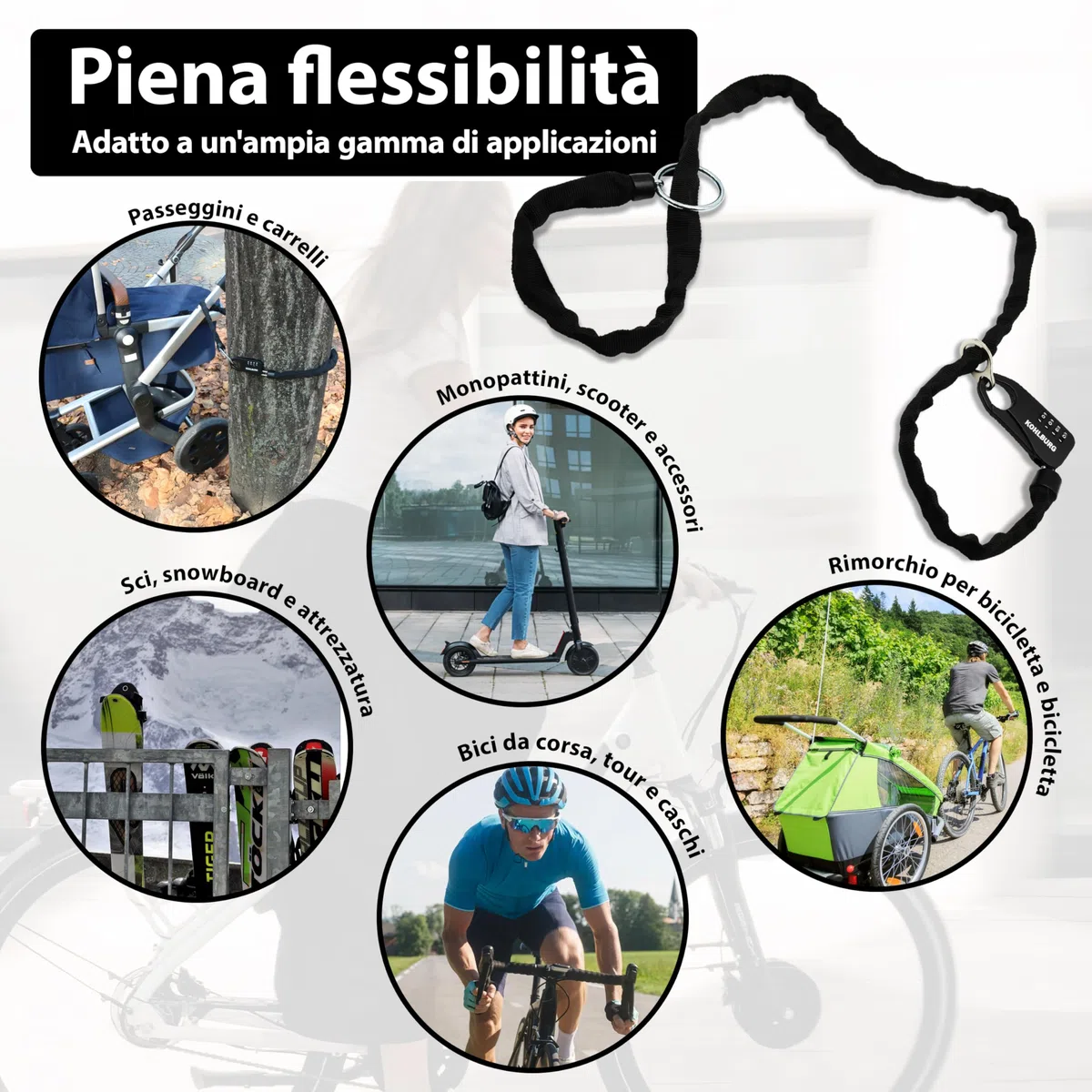 KOHLBURG catena antifurto tascabile e sicura con lucchetto a combinazione numerica – Sicurezza assoluta come lucchetto per passeggini, sci e casco da moto – catena antifurto lunga 129 cm