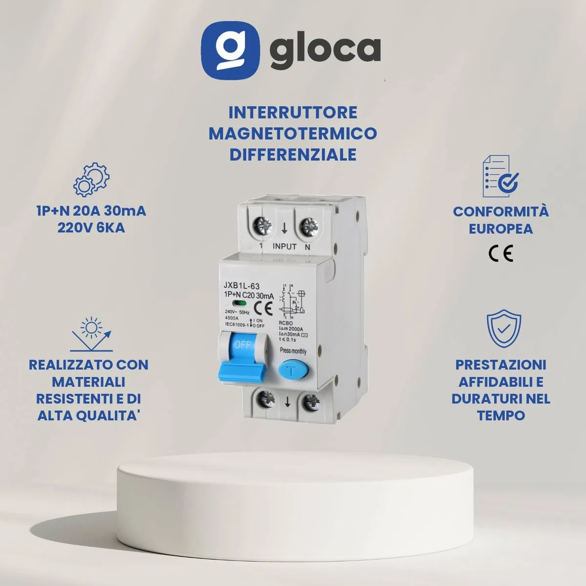 gloca Interruttore Magnetotermico Differenziale 2P 30mA 220V 4.5KA 2 Moduli DIN (20 Ampere)