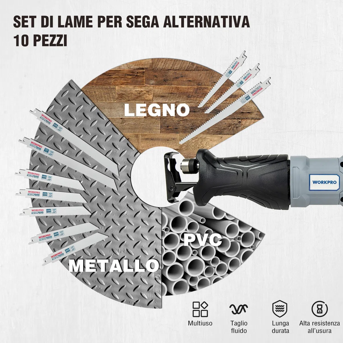WORKPRO Set di Lame per Sega a Gattuccio Universale da 10 Pezzi, Lama per Sega a Sciabola per Taglio Metallo e Legno, Compatibile con Maggior Parte delle Marche, con Scatola di Plastica