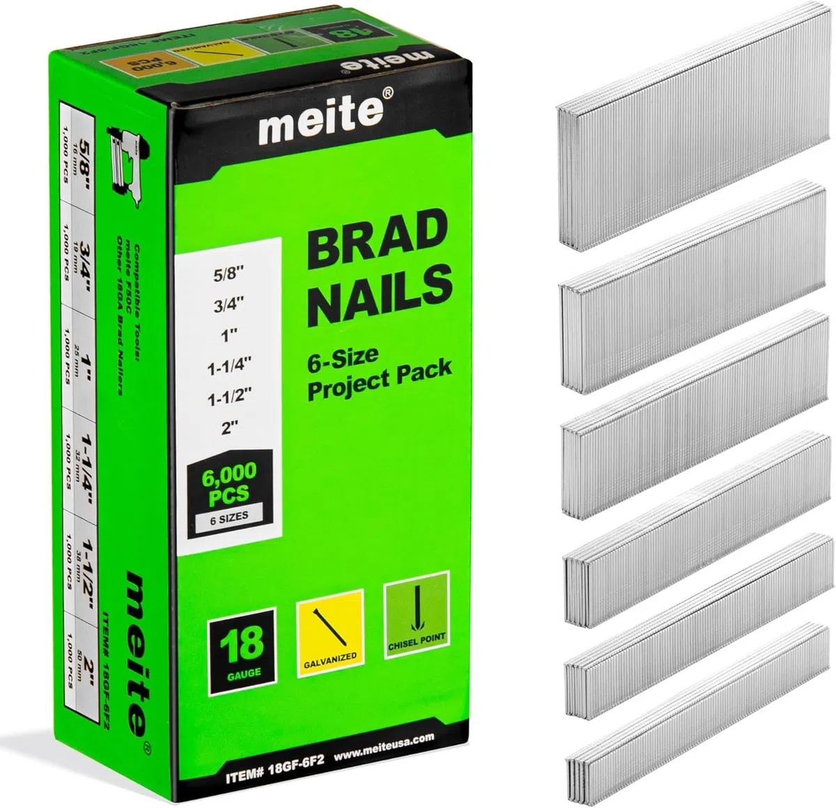 meite Chiodi Brad 18GA Zincati, Set da 6 Misure (16, 19, 25, 32, 38, 50 mm), Chiodi di Finitura a Testa Piccola per Chiodatrice Pneumatica o Elettrica, Confezione da 4.000 Pezzi