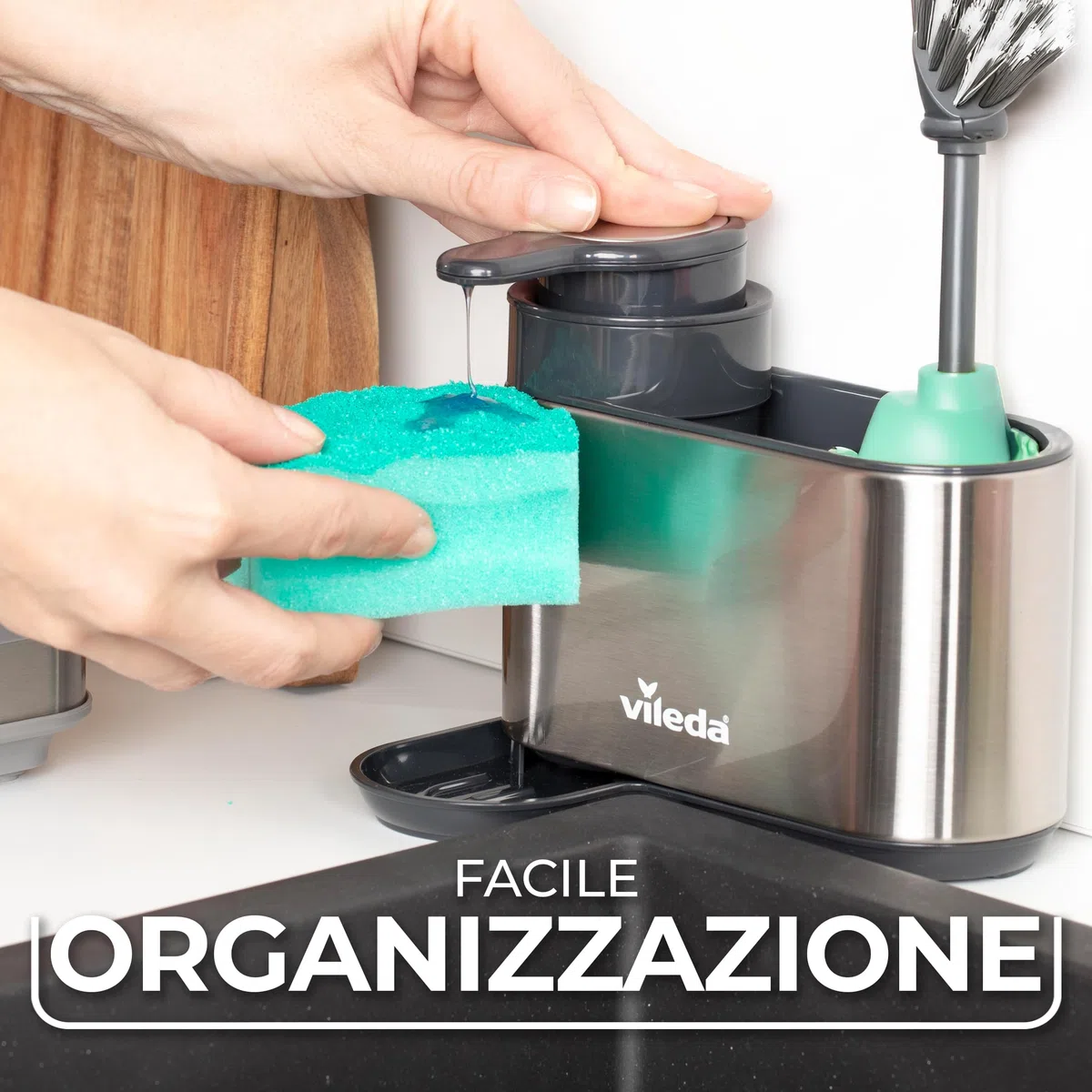 Vileda Sink Organizer con Dispenser di Sapone in Acciaio Inox - Porta Spugne da Cucina indipendente - Organizer Lavastoviglie con Dispenser di Sapone per Spugne e Spazzole - Durevole e Antiruggine
