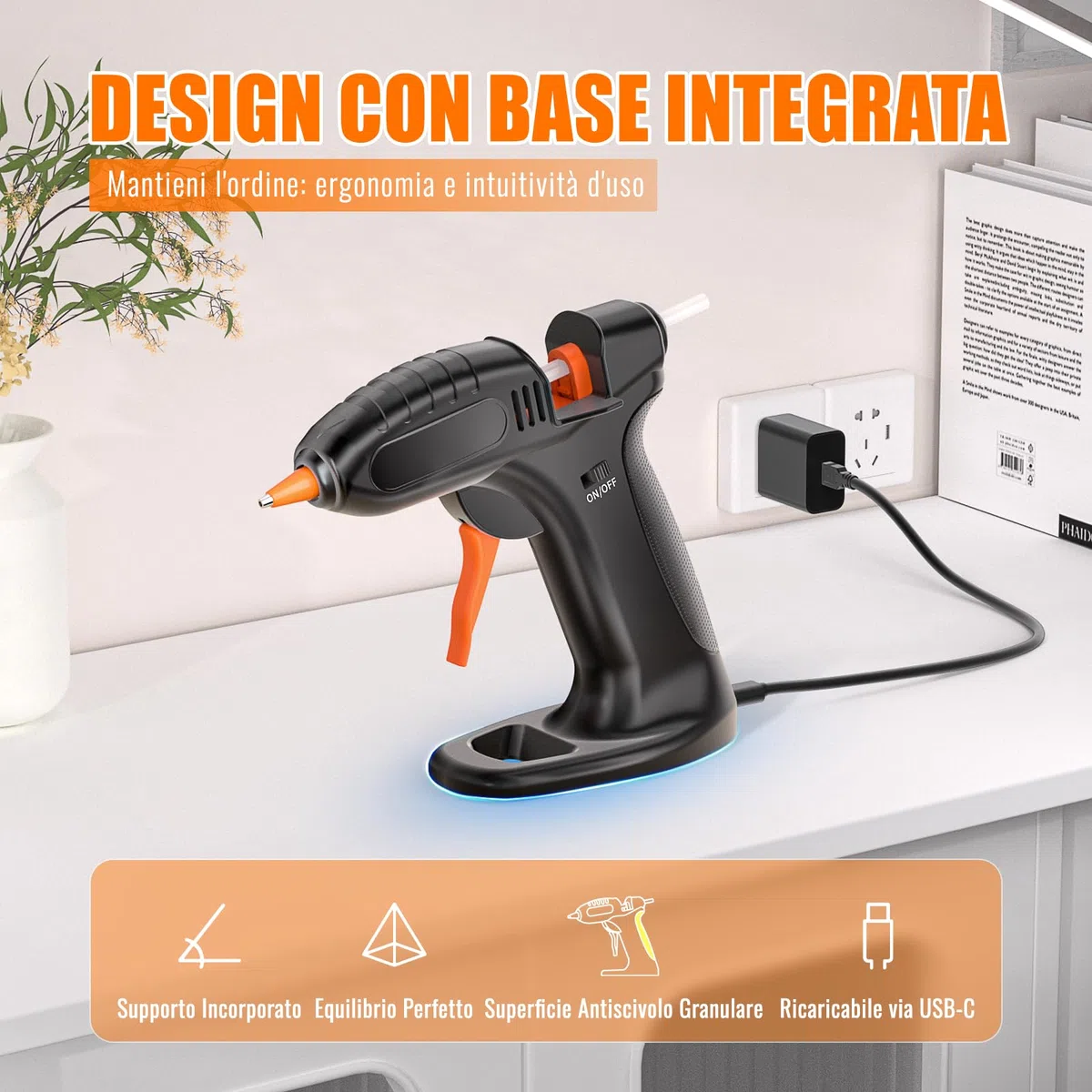 BURNNOVE Pistola per Colla a Caldo Senza Fili, Pistola per Colla a Caldo a 3000mAh Batteria Cavo di Ricarica USB-C 40 Bastoncini di Colla da 7 x 150mm per Lavori Fai da Te Riparazioni Rapide
