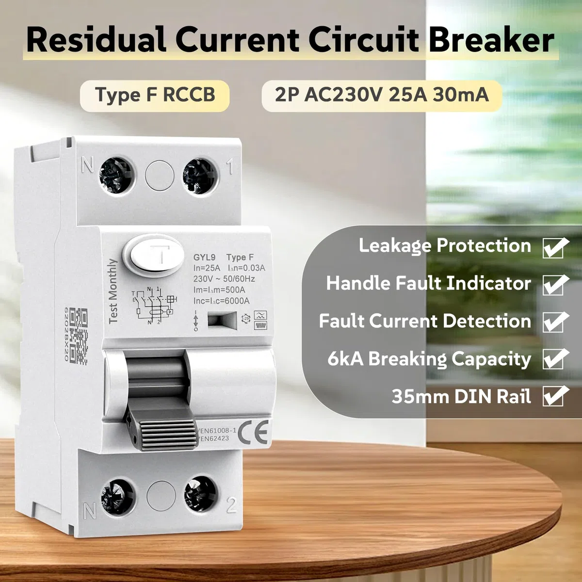 Interruttore magnetotermico differenziale Tipo F 25A 30mA 2 poli salvavita 25A 0.03A 6kA 2P RCCB AC230V interruttore differenziale adatto per apparecchiature a frequenza variabile monofase GYL9