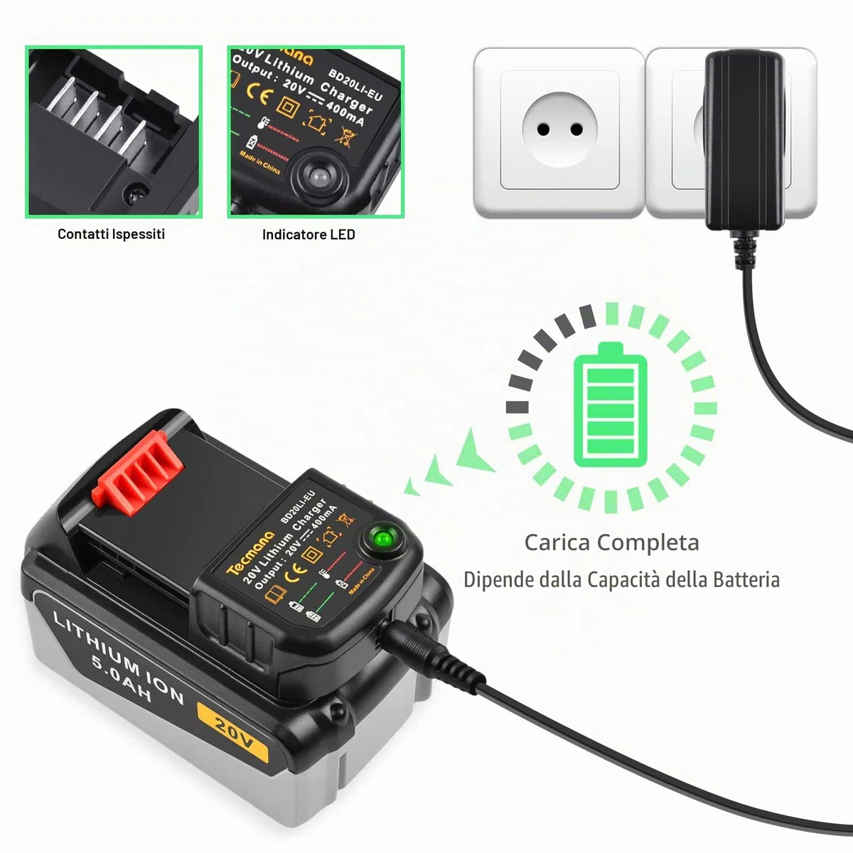 Caricabatterie al litio 18V/20V, compatibile con batteria al litio Black&Decker 18V/20V BL2018 LBXR20 LBXR20-OPE LB20 LBX20