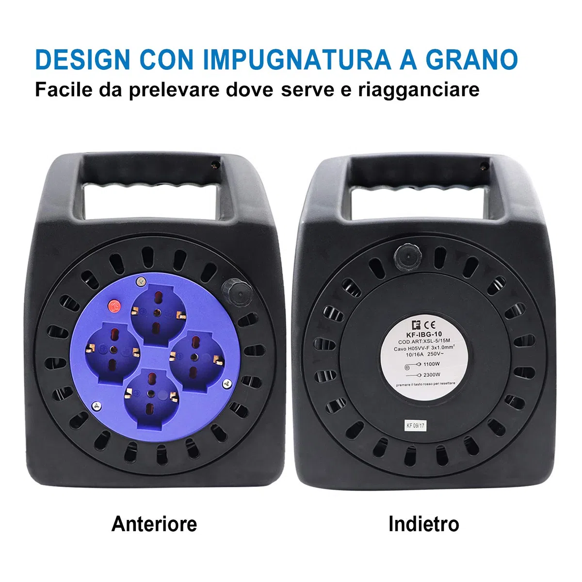 EXTRASTAR Prolunga Elettrica con Avvolgicavo 15 mt,4 Prese Polivalenti (Schuko + 10/16A),Spina 16A,Sezione Cavo 3G 1,0 mm²