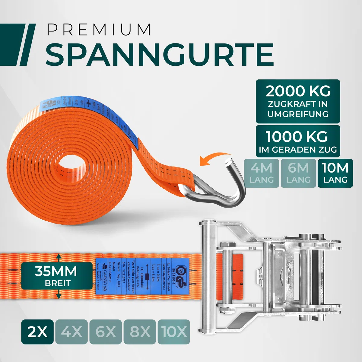 Cinghie di serraggio pesanti con cricchetto, 2000 kg, 10 m, 35 mm, TÜV/GS (DIN EN 12195-2), cinghie di ancoraggio con ganci di qualità professionale [set da 2]