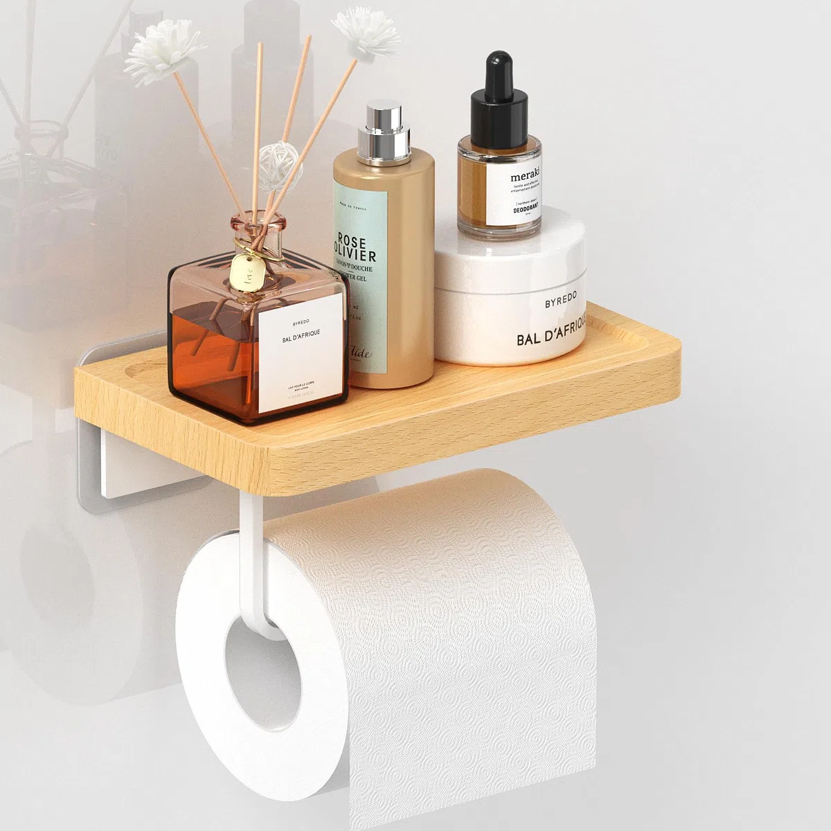 AIKER Porta Carta Igienica,Porta Carta Igienica Adesivo In Legno Di Faggio Naturale Di Buona Qualità Senza Foratura,20 Cm Porta Carta Igienica Da Muro Squisito In Legno Massello Europeo-Cucina/Bagno
