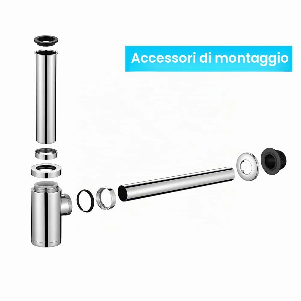 ONECE Sifone Tubo Universale per Lavabo Bagno in Acciaio Inox, 1 1/4" x 32 mm, Altezza Regolabile 15-23 cm, con Manicotto in Gomma, Anti-odore & insetti, Cromato