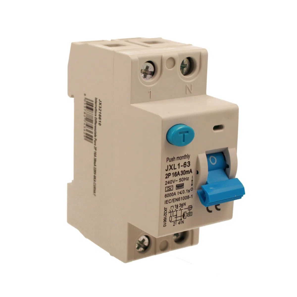 RCCB Interruttore Differenziale Puro Tipo F 16A, 1P+N, 2 Moduli DIN, 30mA, 6000A, AC 230V, IP20