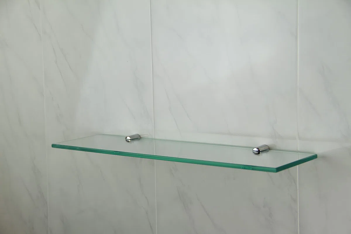Mensola di vetro, spessa 6 mm, vetro temperato, supporto con finitura cromata, 400 x 100 mm.