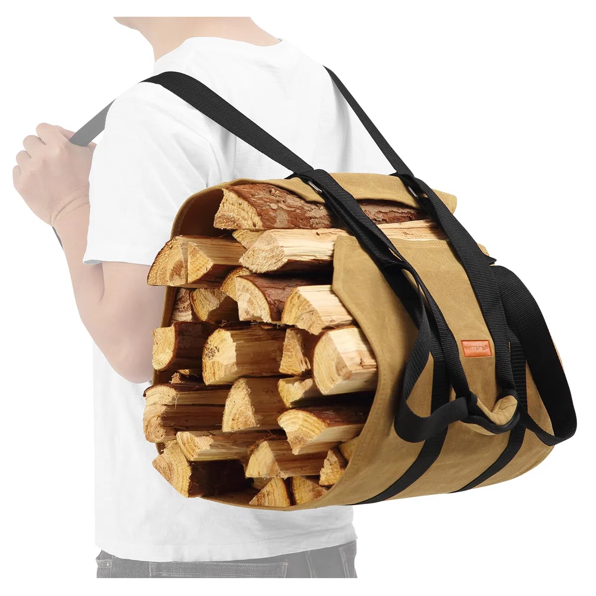Zaino per legna da ardere, impermeabile per legna da ardere, robusta borsa per il trasporto con cinghie regolabili, in tela cerata, per campeggio in interni ed esterni, cachi
