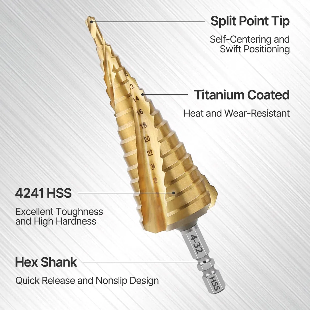 Trapano a gradini 4241 4 – 32 mm HSS cobalto trapano a spirale, codolo esagonale scanalato, adatto per acciaio inossidabile, ferro, rame e alluminio