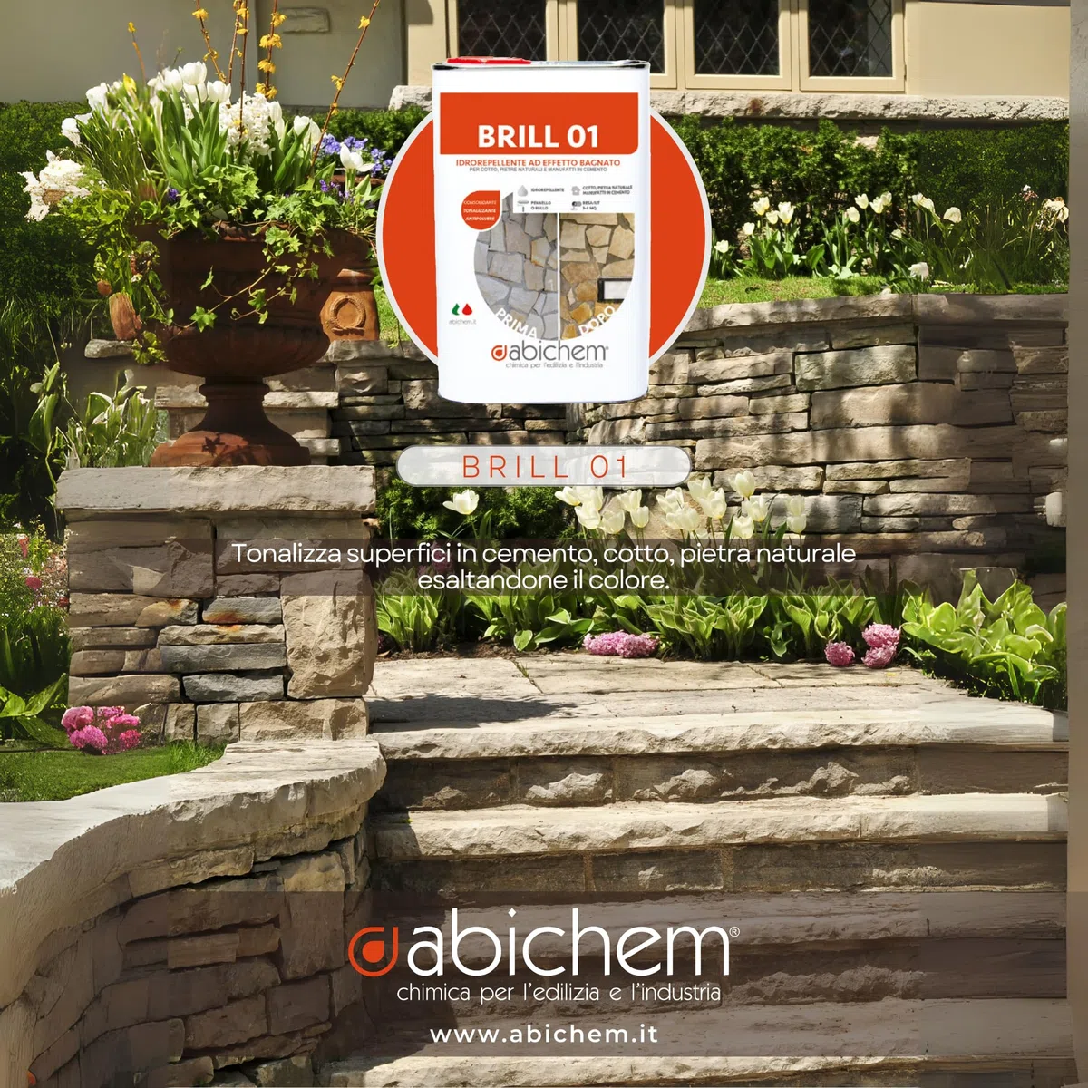 Abichem BRILL 01 - Idrorepellente Ad Effetto Bagnato Per Cotto, Pietre Naturali E Manufatti In Cemento (Lt. 1)