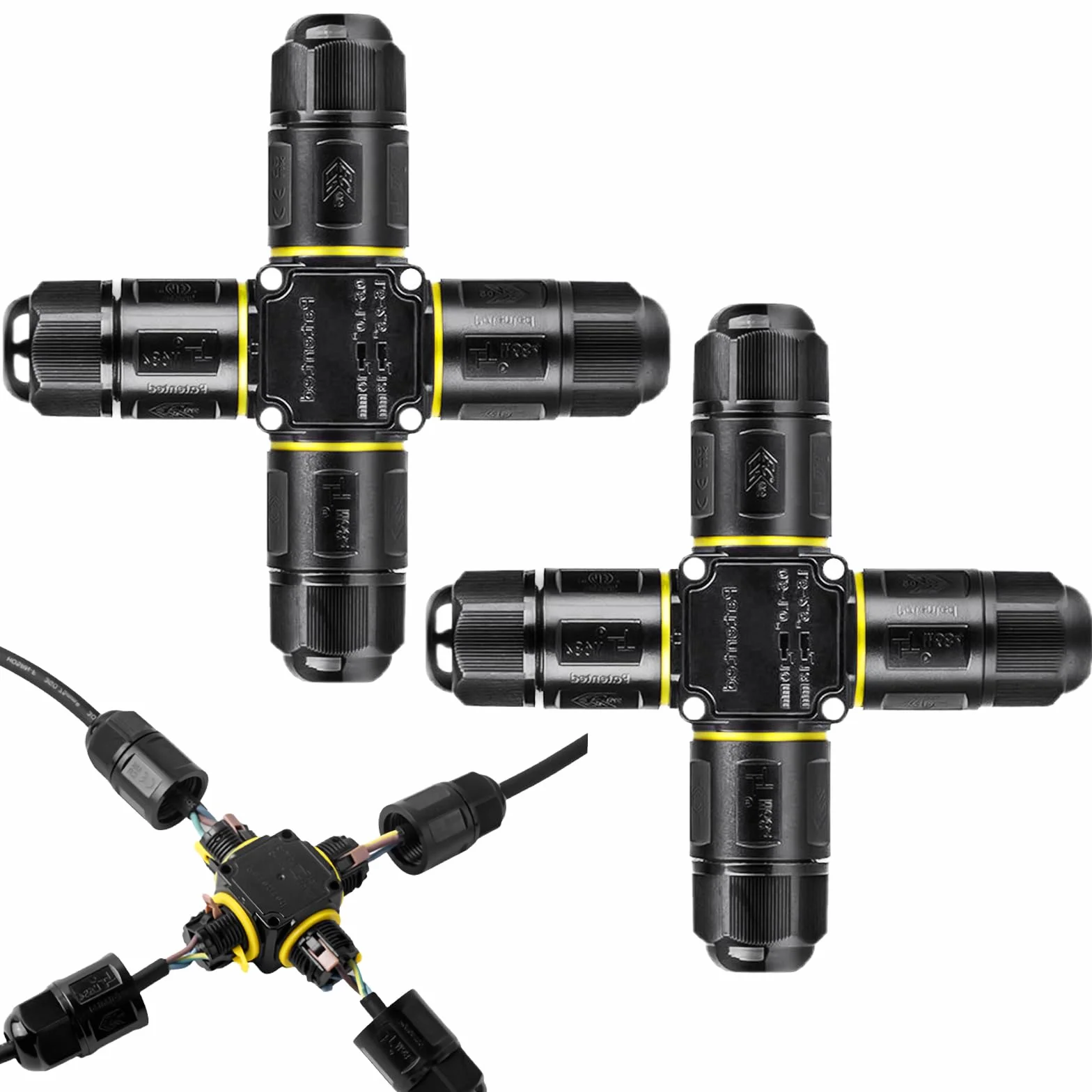 HOSPAOP - Connettore per cavi a 3 poli, IP68, presa di giunzione a 4 vie, per cavo di diametro 4-12 mm, scatola di giunzione per cavi per esterni, 2 pezzi, nero
