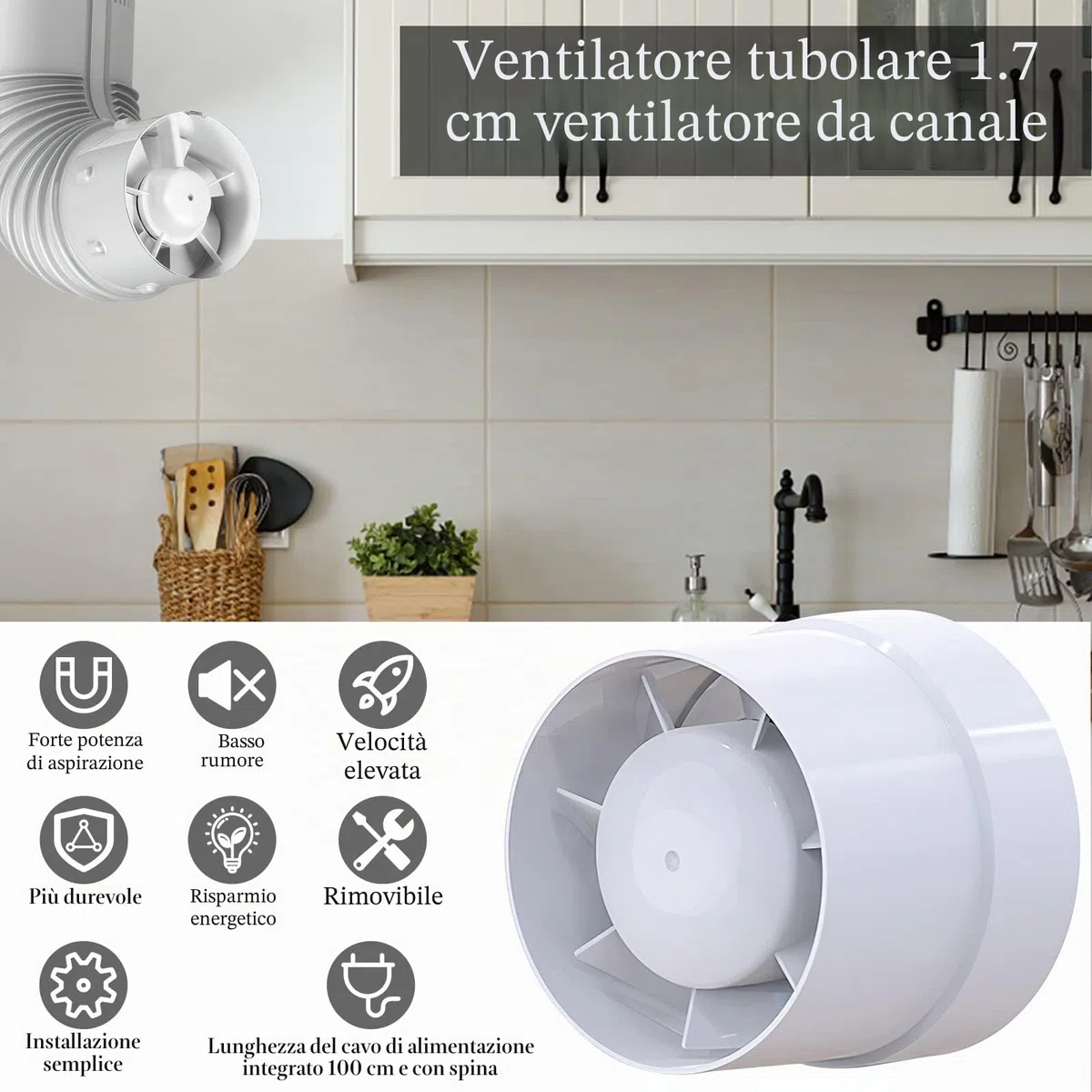 TNSLAND Ventilatore a canale 100 mm in linea, 107 m³/h, di alta qualità, silenzioso, scarico fumo, Ventola Estrazione Aria, 100 mm, per bagno, WC, cucina, serra, garage