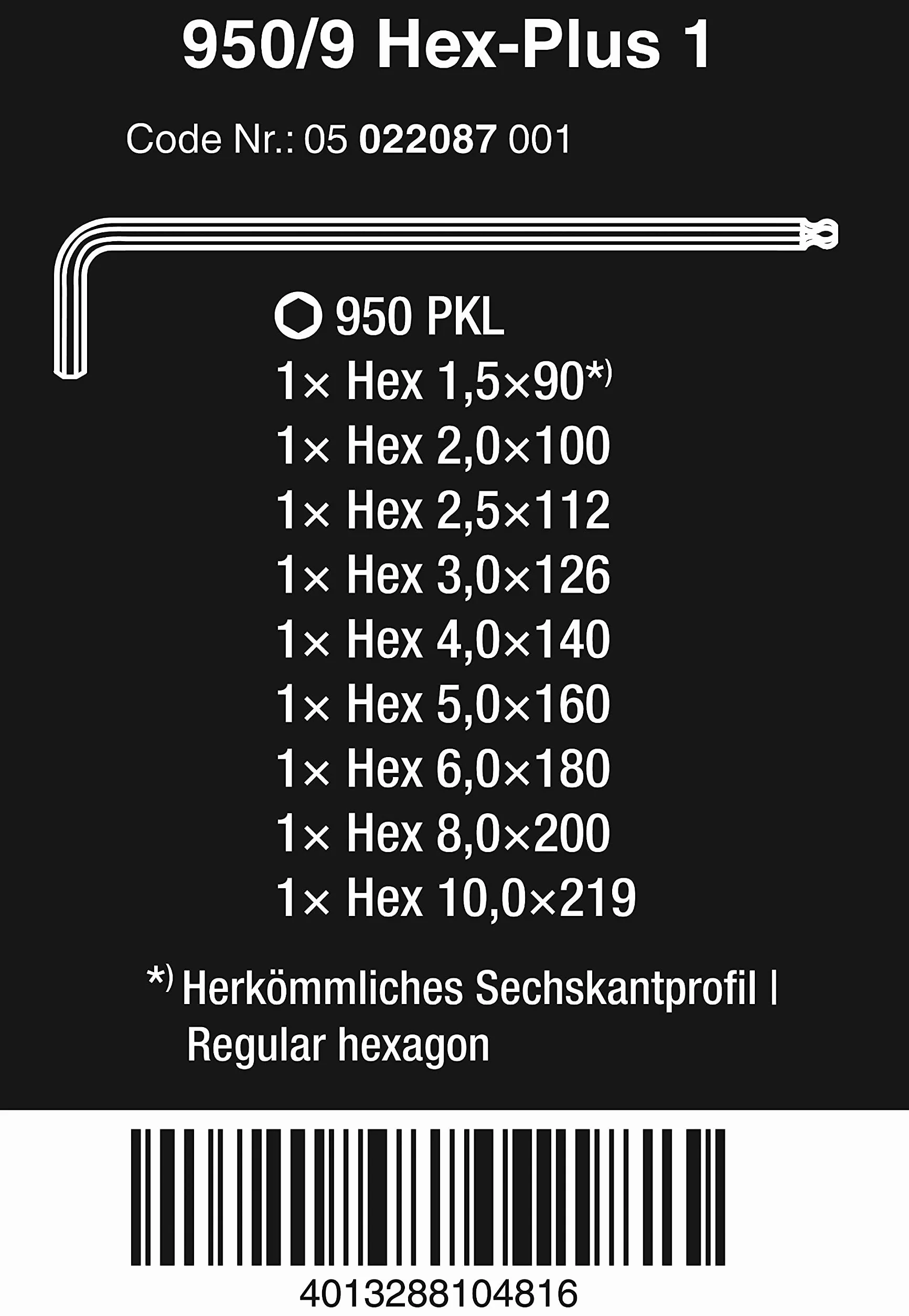 Wera, 950 PKL/9 SM N Assortimento di chiavi a L, metriche, cromate, 9 pezzi