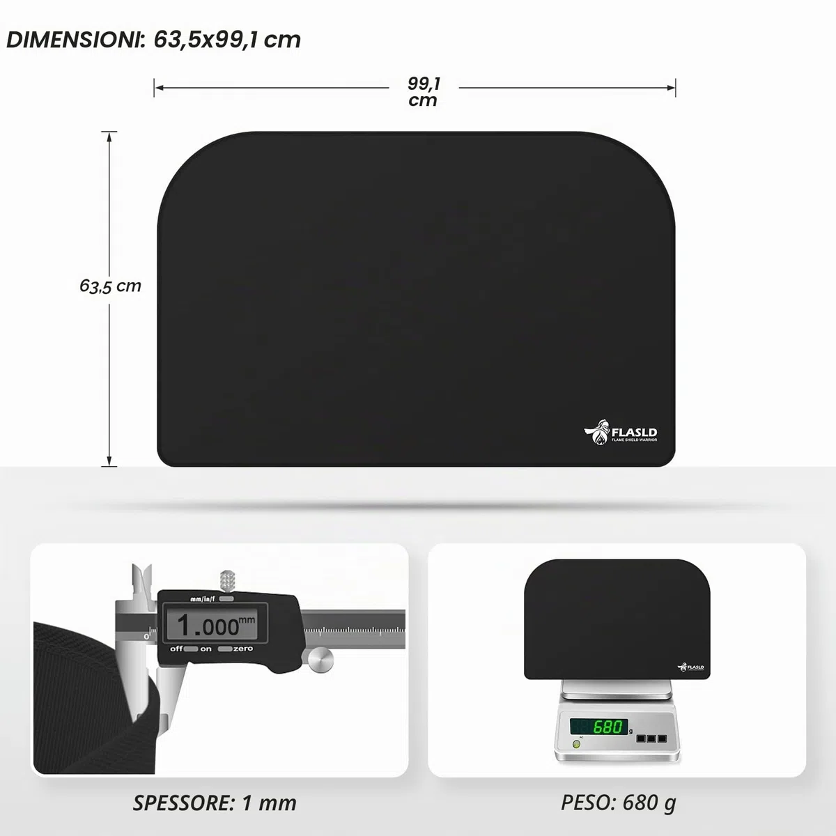 FLASLD Tappetino ignifugo per interni ed esterni, resistente alla fiamma, in fibra di vetro, per focolare e camino, protezione per stufe (nero, 63 x 99 cm)