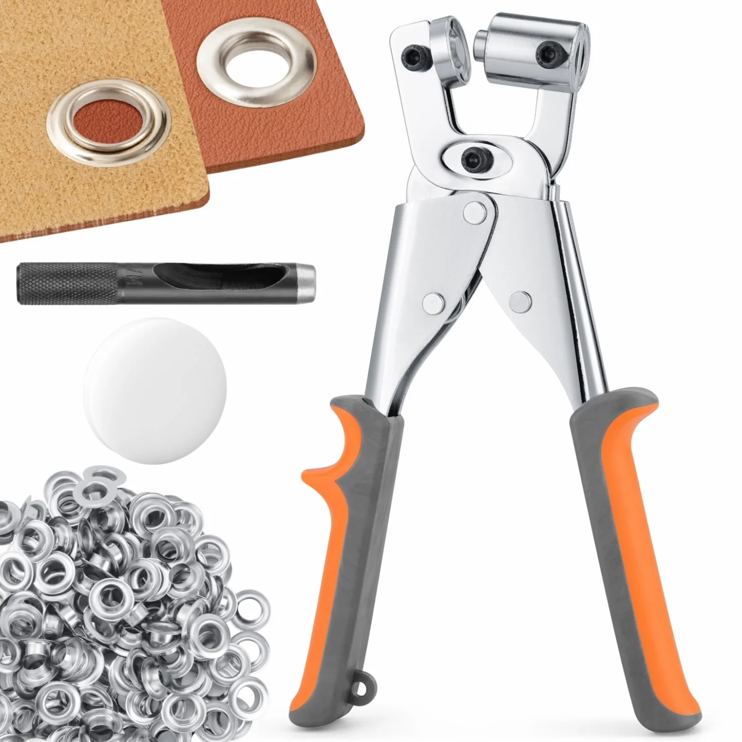 Ecraft Kit di utensili per occhielli con pinza: 10 mm con 500 occhielli argentati, punzonatrice, pinza, perforatrice, pinza, pinza, set di pinze per fori per striscioni, macchina per tessuti e carta