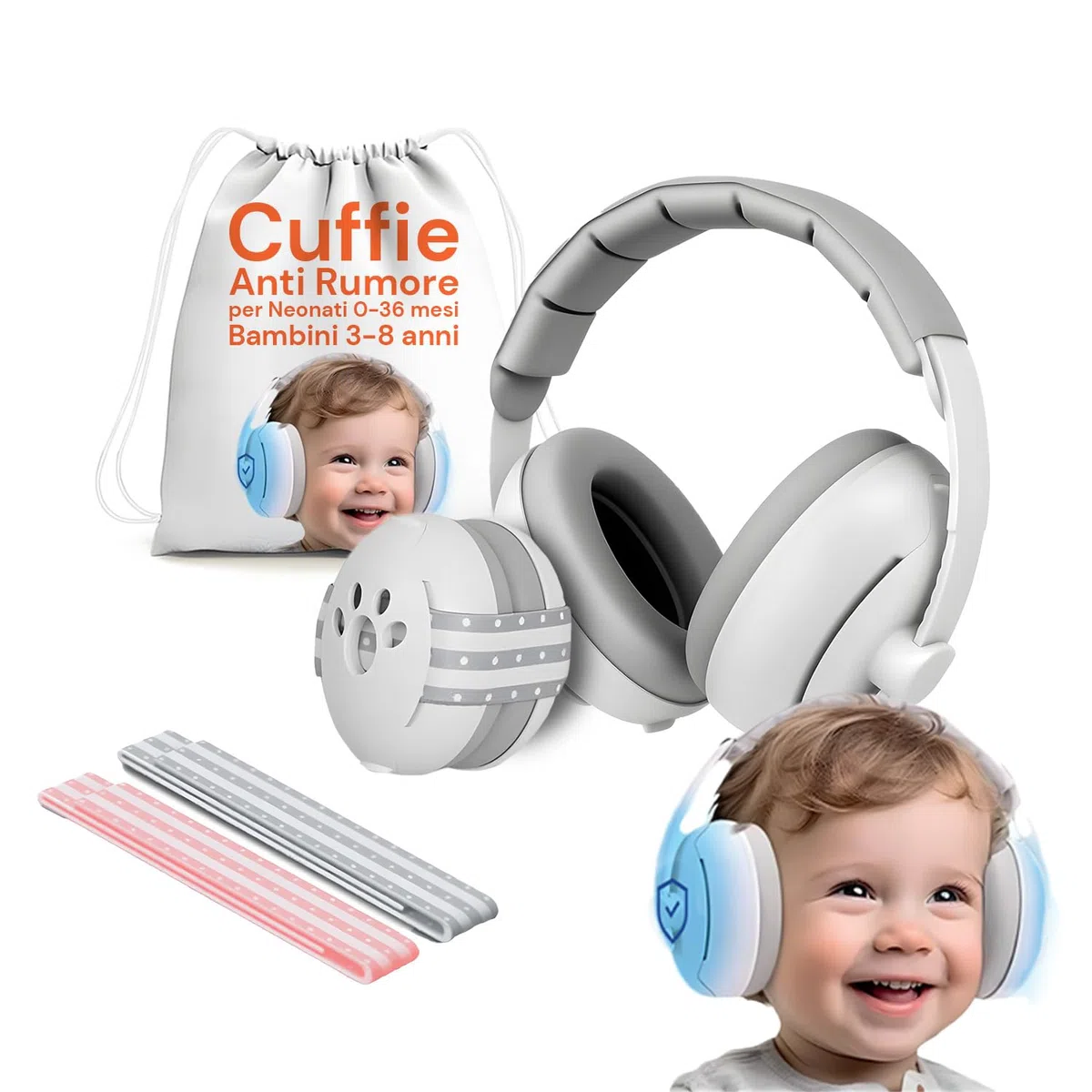 Avilia Cuffie Antirumore Bambini 0-8 Anni - Protezione Udito 25dB Certificata - Paraorecchie Neonato Ipoallergenici Senza BPA - 2 Fasce Regolabili Incluse - Pieghevoli per Viaggi ed Eventi