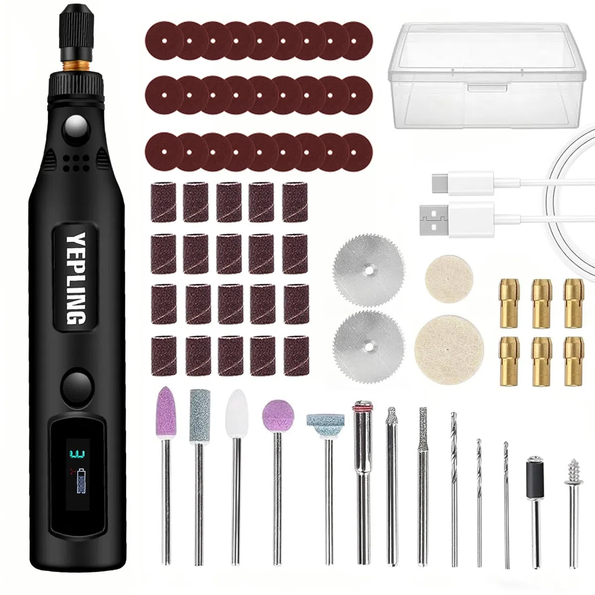 Strumento rotante Li-Ion 3 vel., mini kit lucidatrice fai-da-te LED, 72 pezzi USB, ideale piccoli lavori leggeri