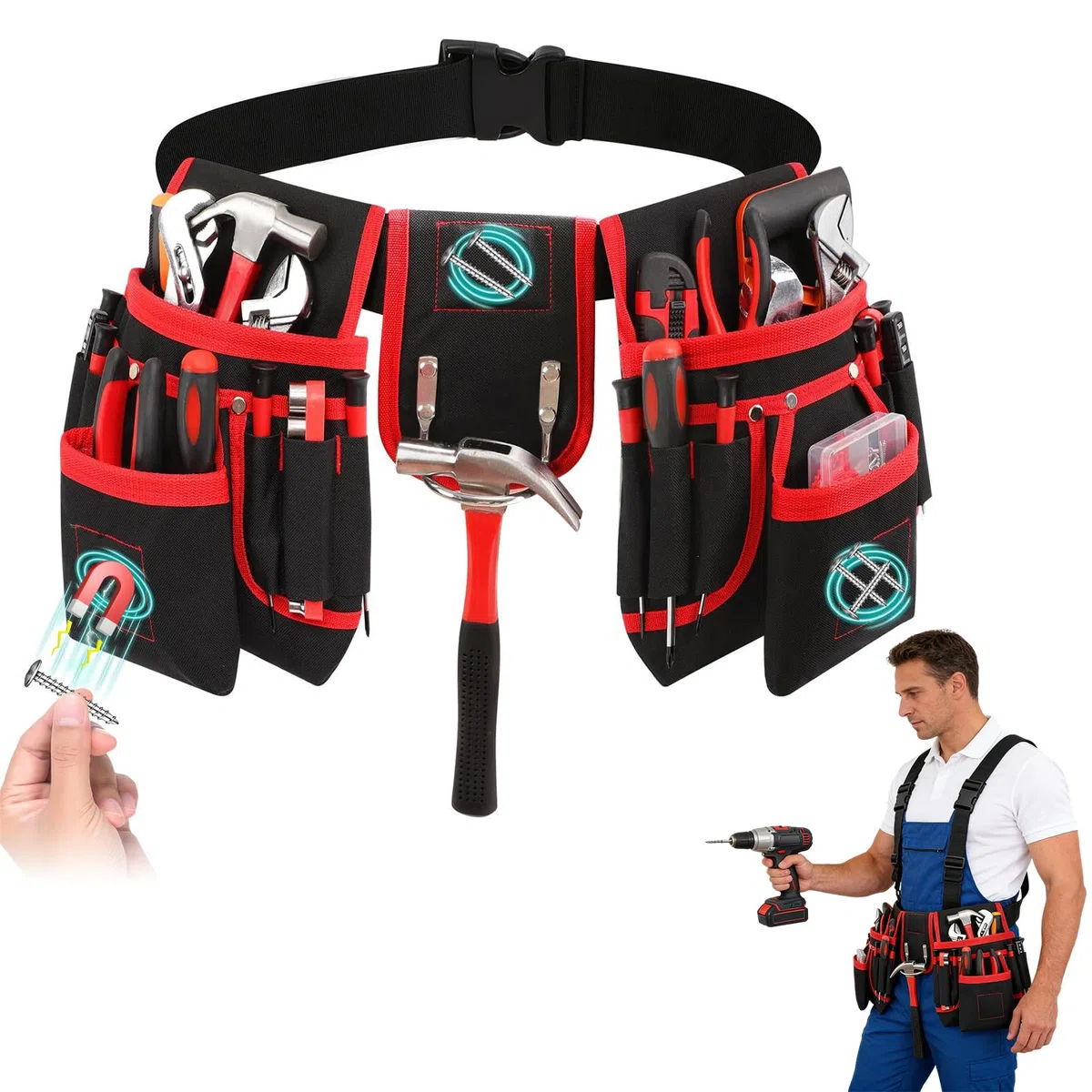 Cintura porta attrezzi Borsa da Cintura Con 26 tasche, Borse Porta Attrezzi Magnetiche per Uomo, Borse da Cintura Rimovibili Borsa Porta Attrezzi