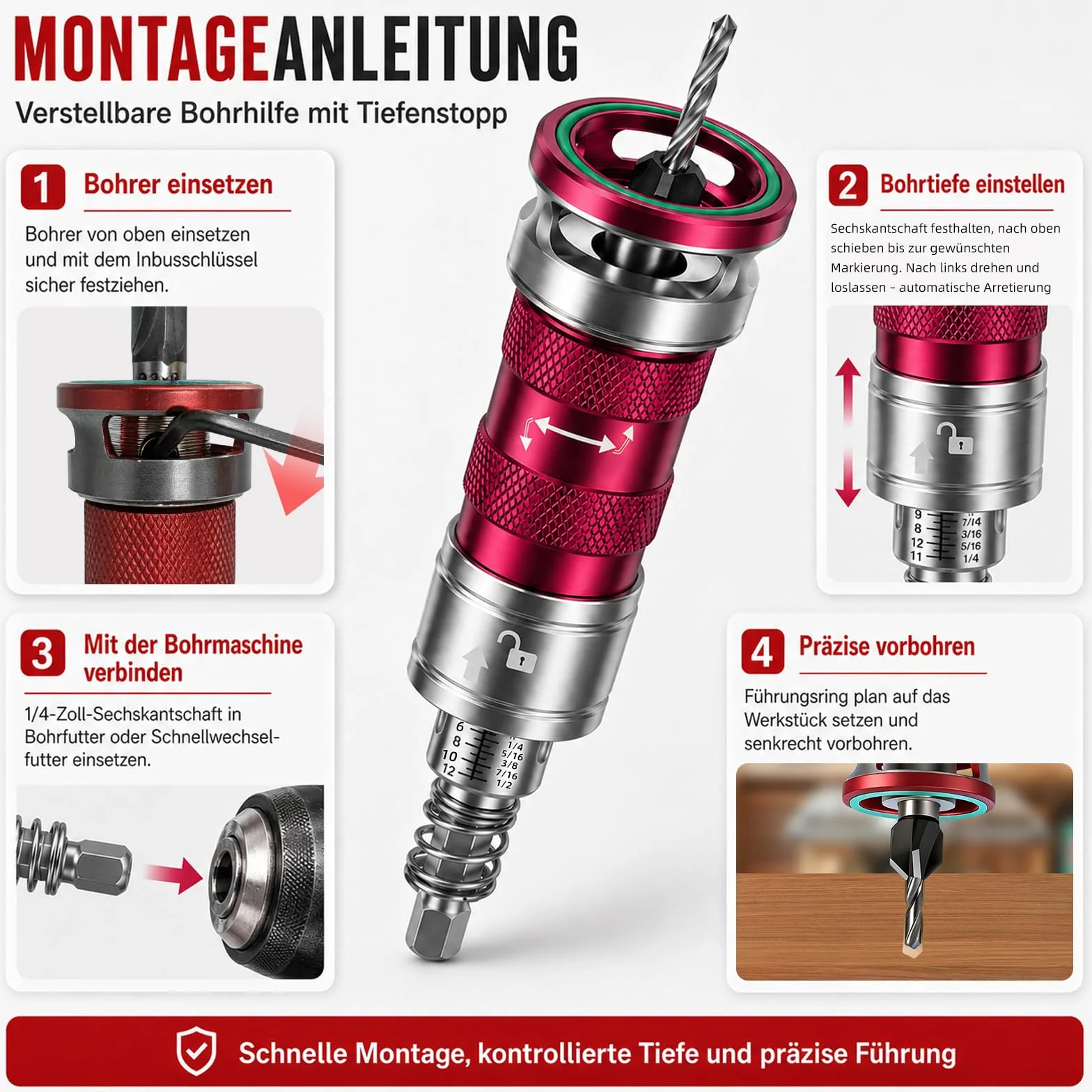 Set di 6 punte per svasatura conica, punte per legno con attacco di profondità regolabile, punta svasata con codolo esagonale da 1/4" per lavorazione del legno, fori uniformi