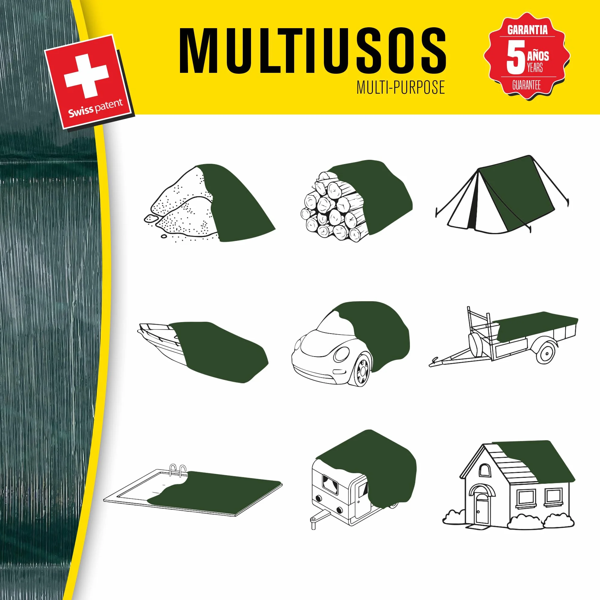 Bikain - Telo Impermeabile esterno - 3x5 metri - 90g/m2 Rinforzato - Occhielli Antistrappo - Telo 100% Impermeabile e 100% Protezione UV - Copritutto Multiuso - 3 Strati Laminato Incrociato