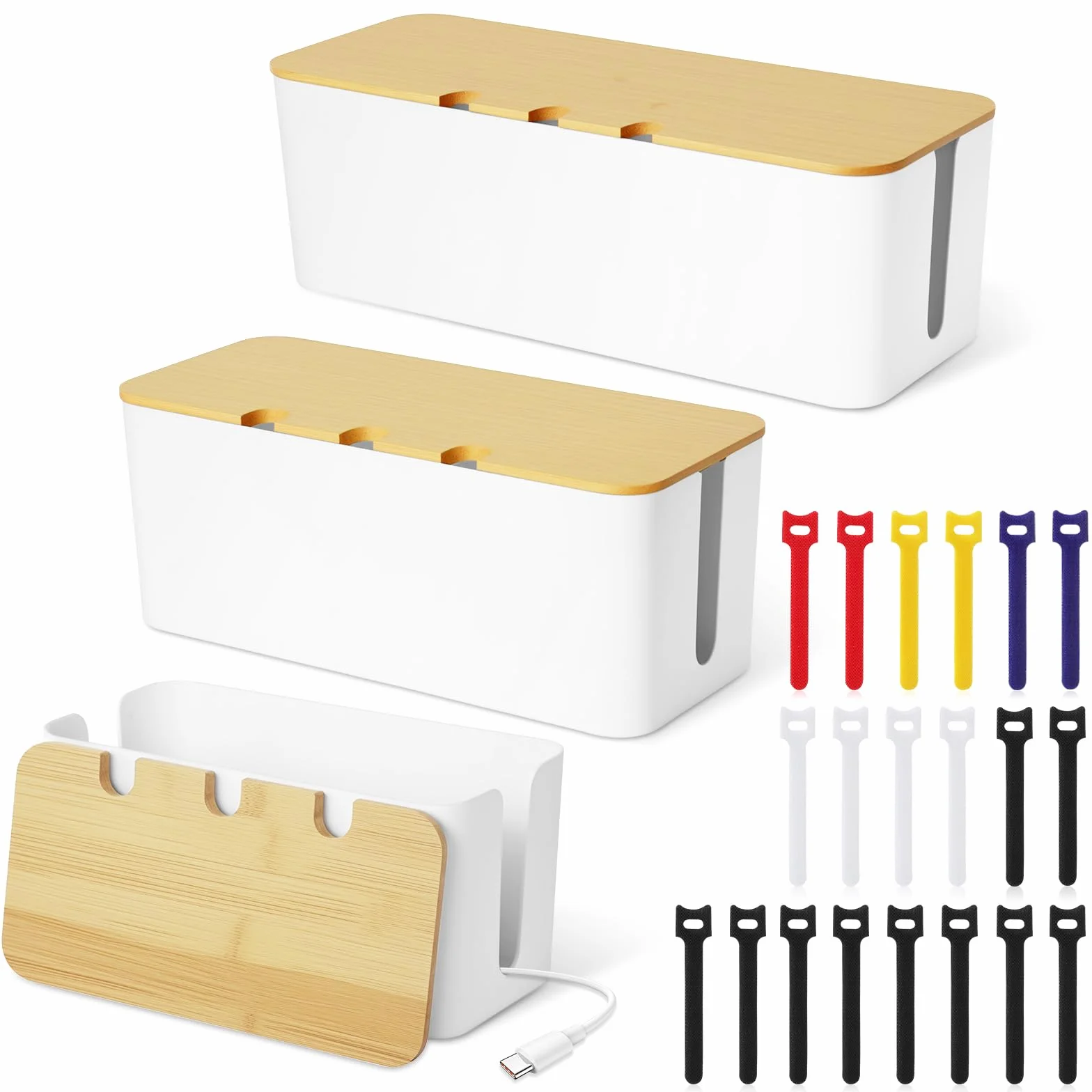Scatola Porta Cavi, Set di 3 Scatole Nascondi Cavi con Coperchio in Legno, Scatola Cavi Organizer con 20 Fascette per Nascondere e Organizzare i Cavi, Grandi, Medie e Piccole