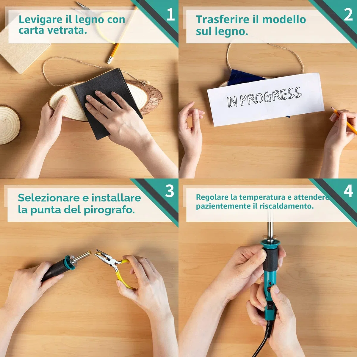 YIHUA 930-IV Kit Pirografo Per Legno Pirografia Temperatura Regolabile con 26 Pezzi punta a filamento 2 Quadrati di Legno(EU PLUG)