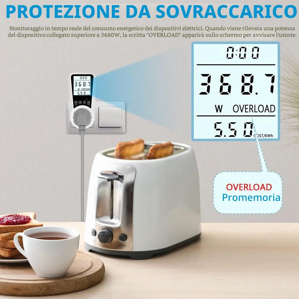 Flintronic Misuratore Consumo Elettrico, Misuratore di Potenza con 16A/3680W Protezione da Sovraccarico, 7 Modalità di Monitoraggio, con display LCD retroilluminato, Wattmetro Misura Consumo