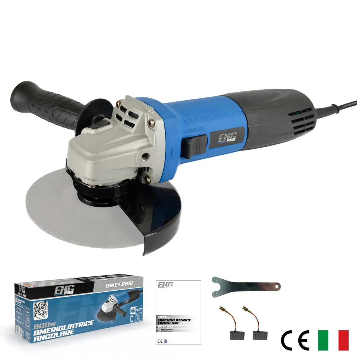 ENG PRO Smerigliatrice Angolare Elettrica con Disco da 125 mm potenza 800 WATT Impugnatura aggiuntiva, professionale, velocità 11000 r.p.m - UM ET SA12