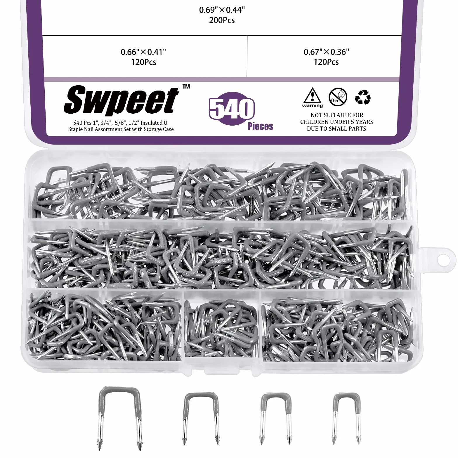 Swpeet 540 pezzi 5 misure 0,9 cm 1,0 cm 1,1 cm 1,4 cm isolati U graffette assortimento kit di diverse dimensioni graffette metalliche perfette per cavi di fissaggio in legno