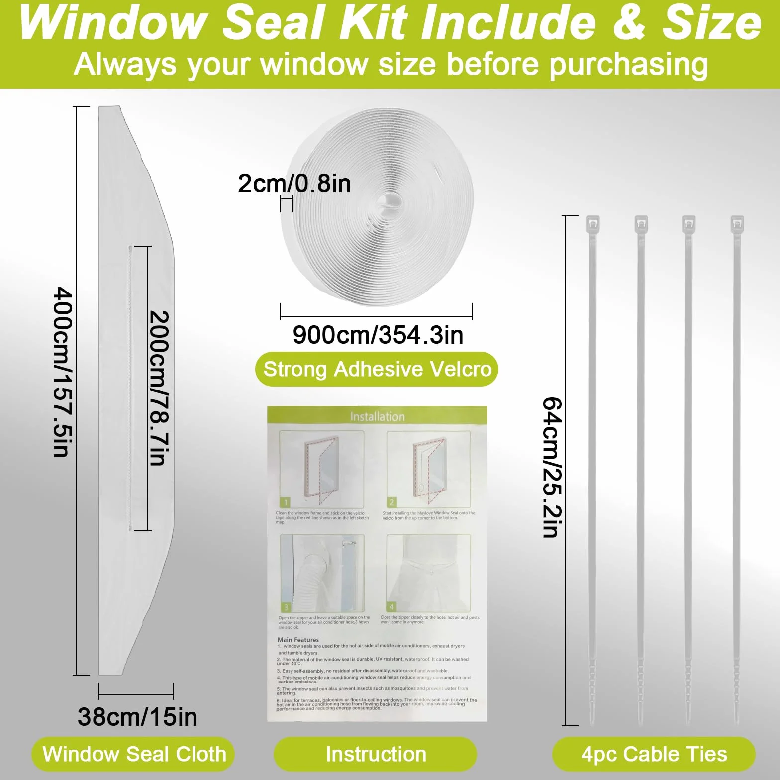Kit di guarnizioni per finestre del condizionatore d'aria, 4 m, kit di guarnizioni per finestre con doppia cerniera e chiusura adesiva, per condizionatore d'aria portatile, compatibile con