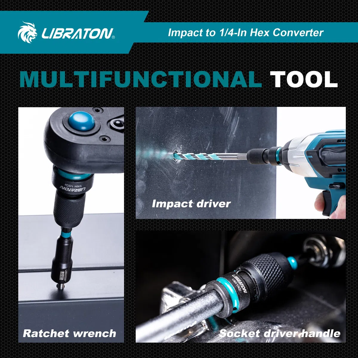 LIBRATON Adattatori Attacco da Quadrello a Esagonale da 1/2” e 3/8” a Esagonale, Convertitore per Chiavi a Cricchetto, Portapunte a Impatto, Sgancio Rapido, Cr-Mo