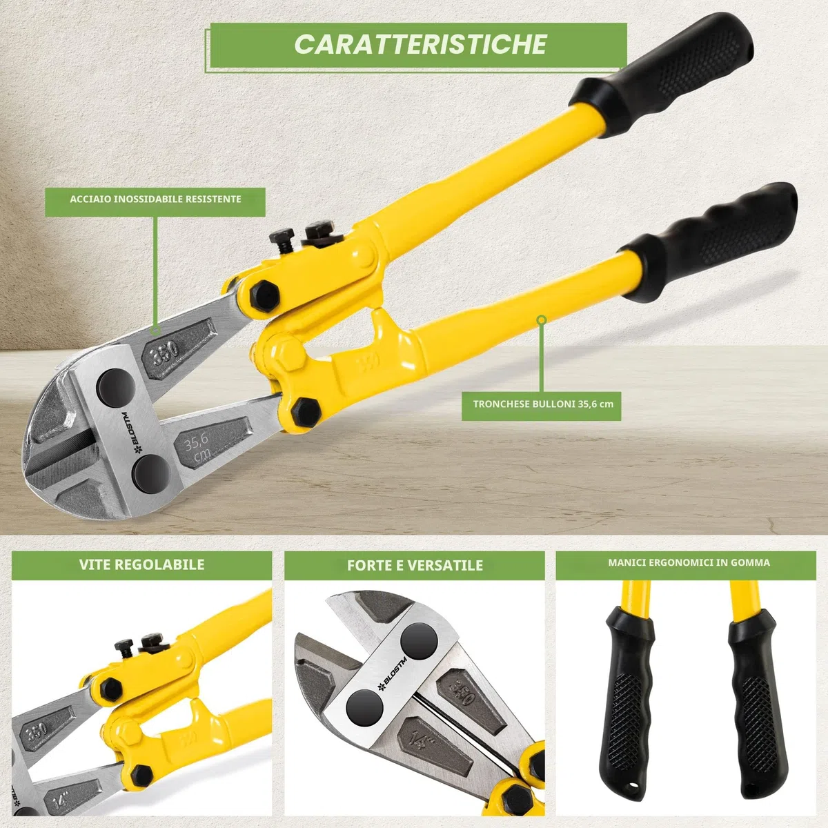 BLOSTM - Tronchese tagliabulloni resistente in acciaio inossidabile da 35,6 cm con manici ergonomici in gomma, tagliabulloni robusti per tagliare recinzioni, bulloni di macchinari, catene, lucchetti